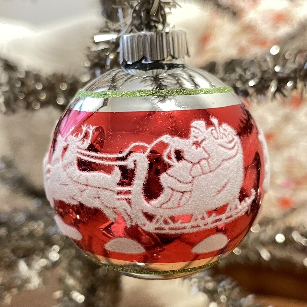 3" Radko Shiny Brite Stenciled Flocked Ornament Santa‎ Sleigh Ride Red Green Mcm
